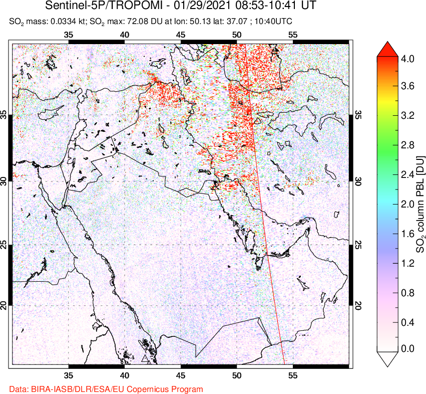 A sulfur dioxide image over Middle East on Jan 29, 2021.