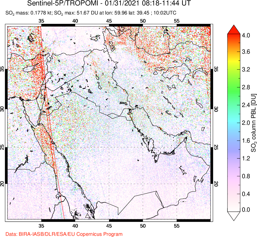 A sulfur dioxide image over Middle East on Jan 31, 2021.