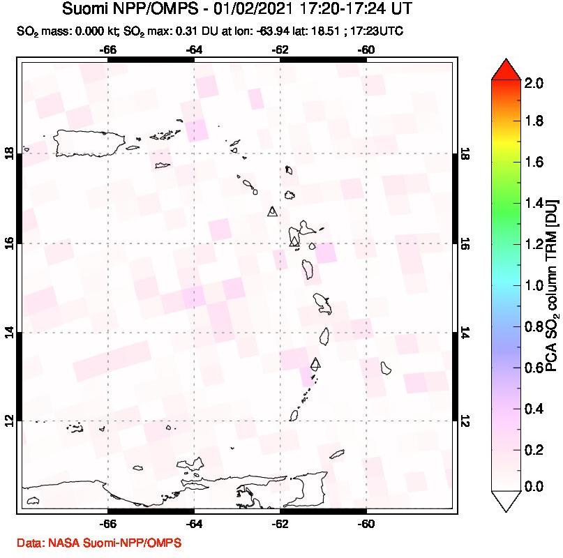 A sulfur dioxide image over Montserrat, West Indies on Jan 02, 2021.