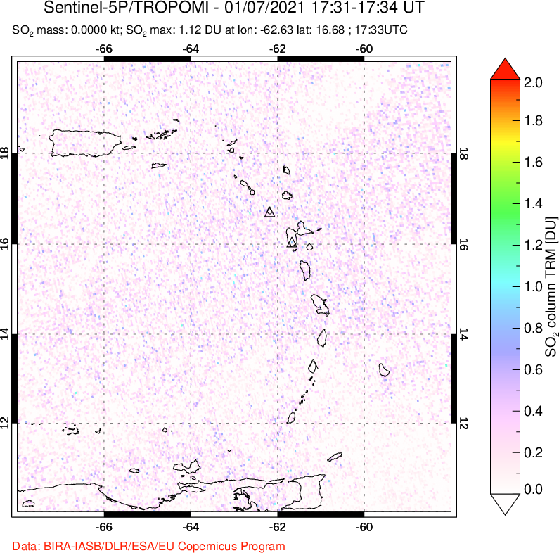 A sulfur dioxide image over Montserrat, West Indies on Jan 07, 2021.