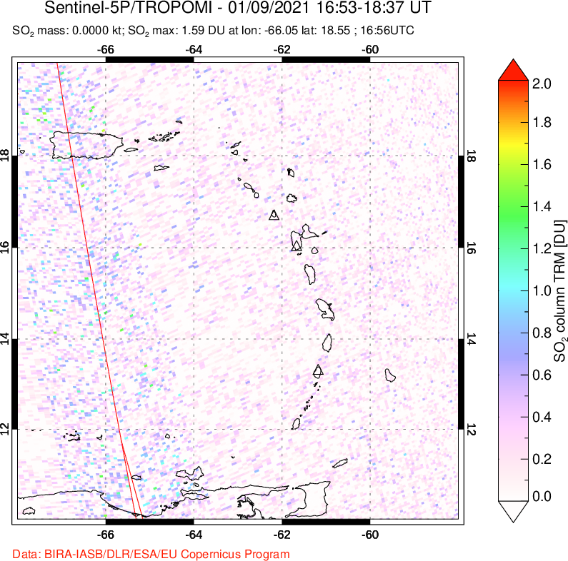 A sulfur dioxide image over Montserrat, West Indies on Jan 09, 2021.