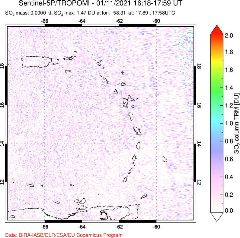 A sulfur dioxide image over Montserrat, West Indies on Jan 11, 2021.