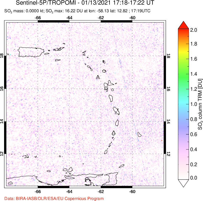 A sulfur dioxide image over Montserrat, West Indies on Jan 13, 2021.