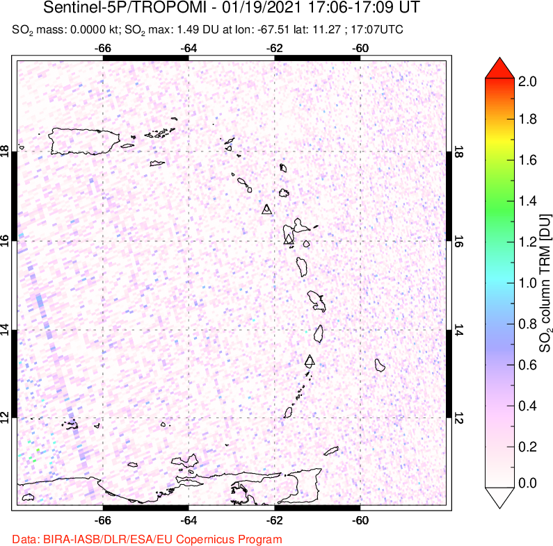 A sulfur dioxide image over Montserrat, West Indies on Jan 19, 2021.