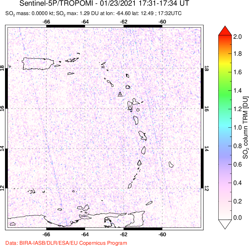 A sulfur dioxide image over Montserrat, West Indies on Jan 23, 2021.