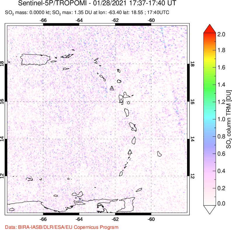 A sulfur dioxide image over Montserrat, West Indies on Jan 28, 2021.