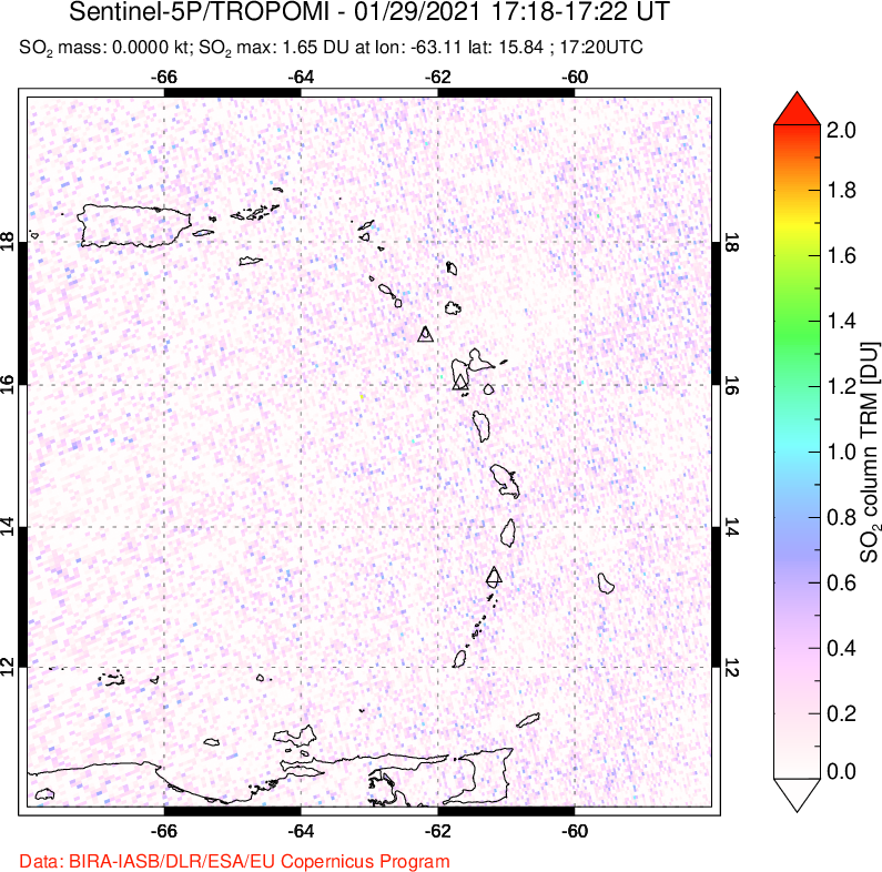A sulfur dioxide image over Montserrat, West Indies on Jan 29, 2021.