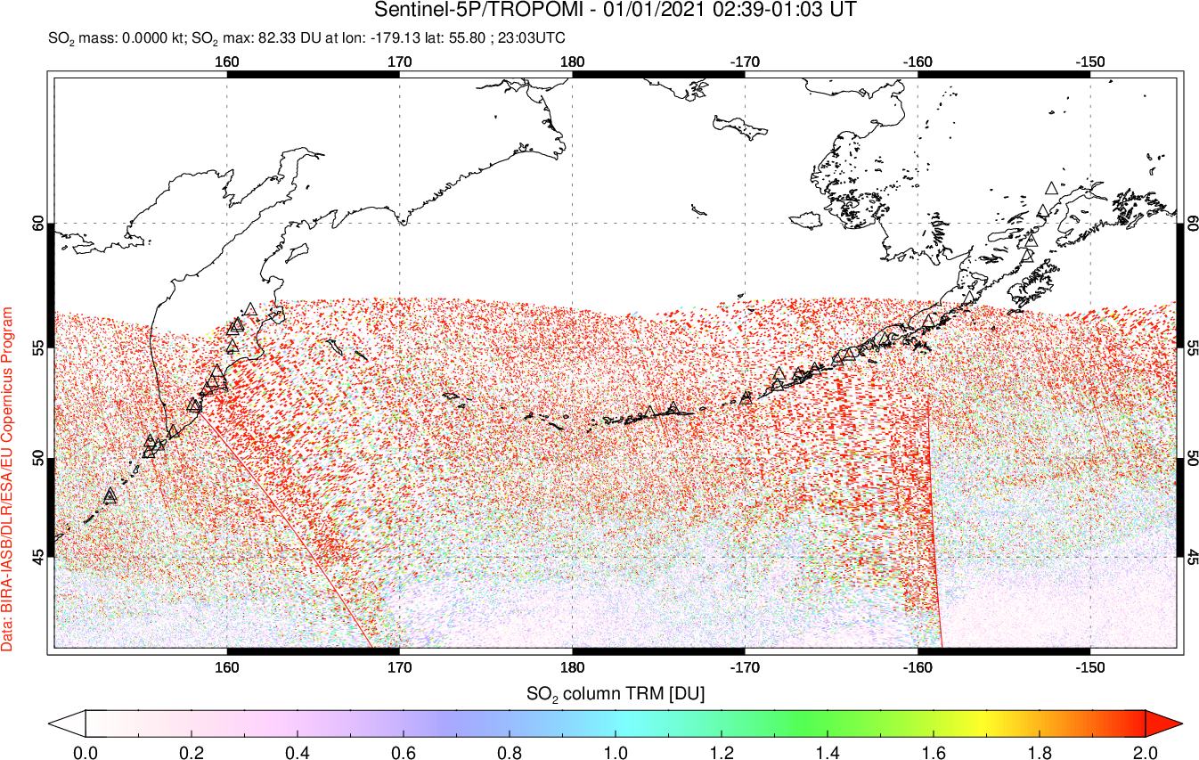 A sulfur dioxide image over North Pacific on Jan 01, 2021.