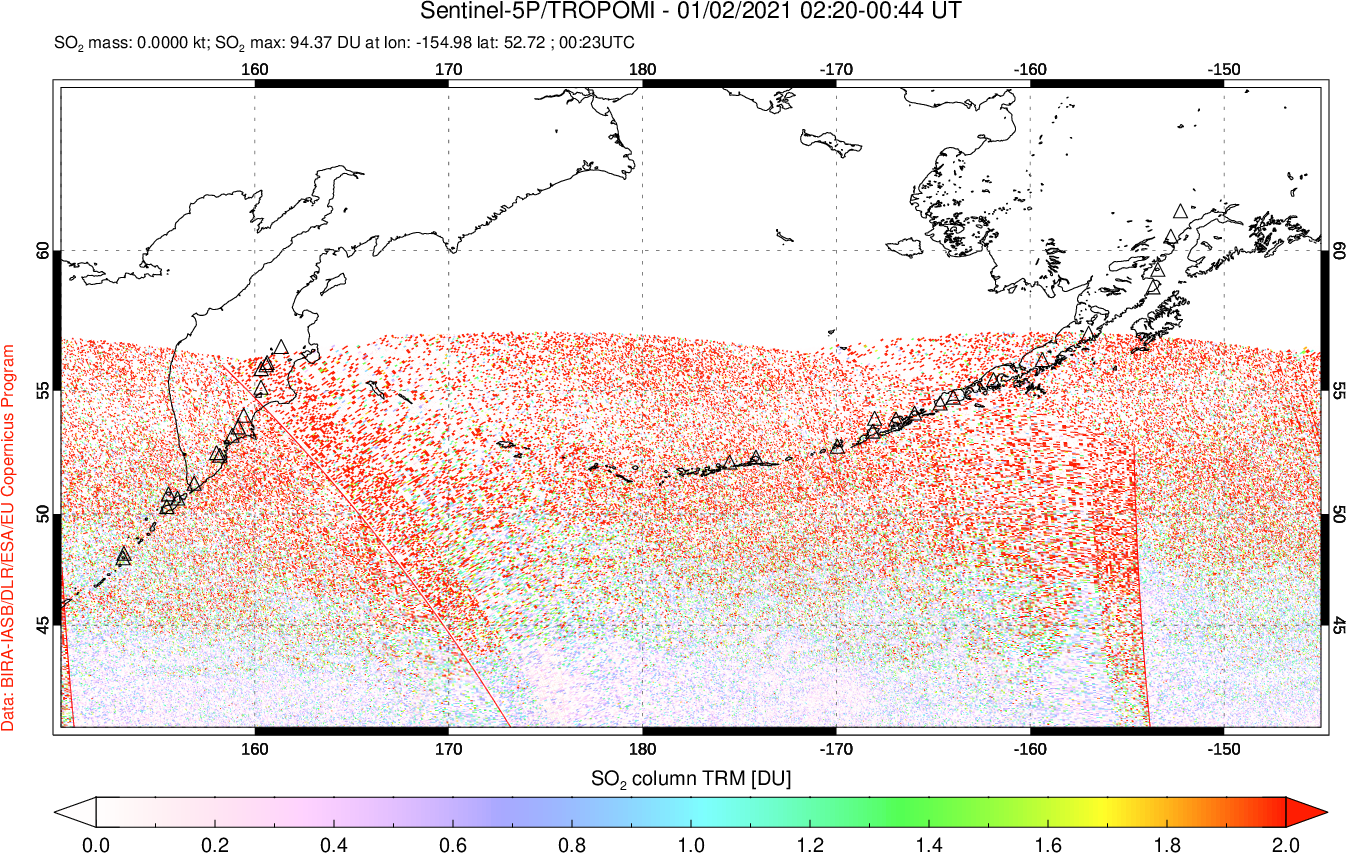 A sulfur dioxide image over North Pacific on Jan 02, 2021.