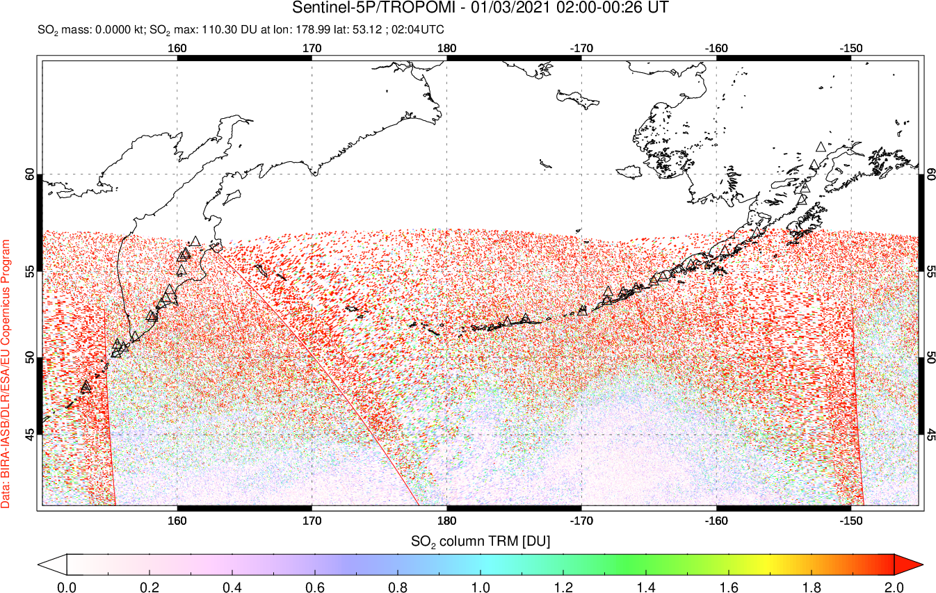 A sulfur dioxide image over North Pacific on Jan 03, 2021.