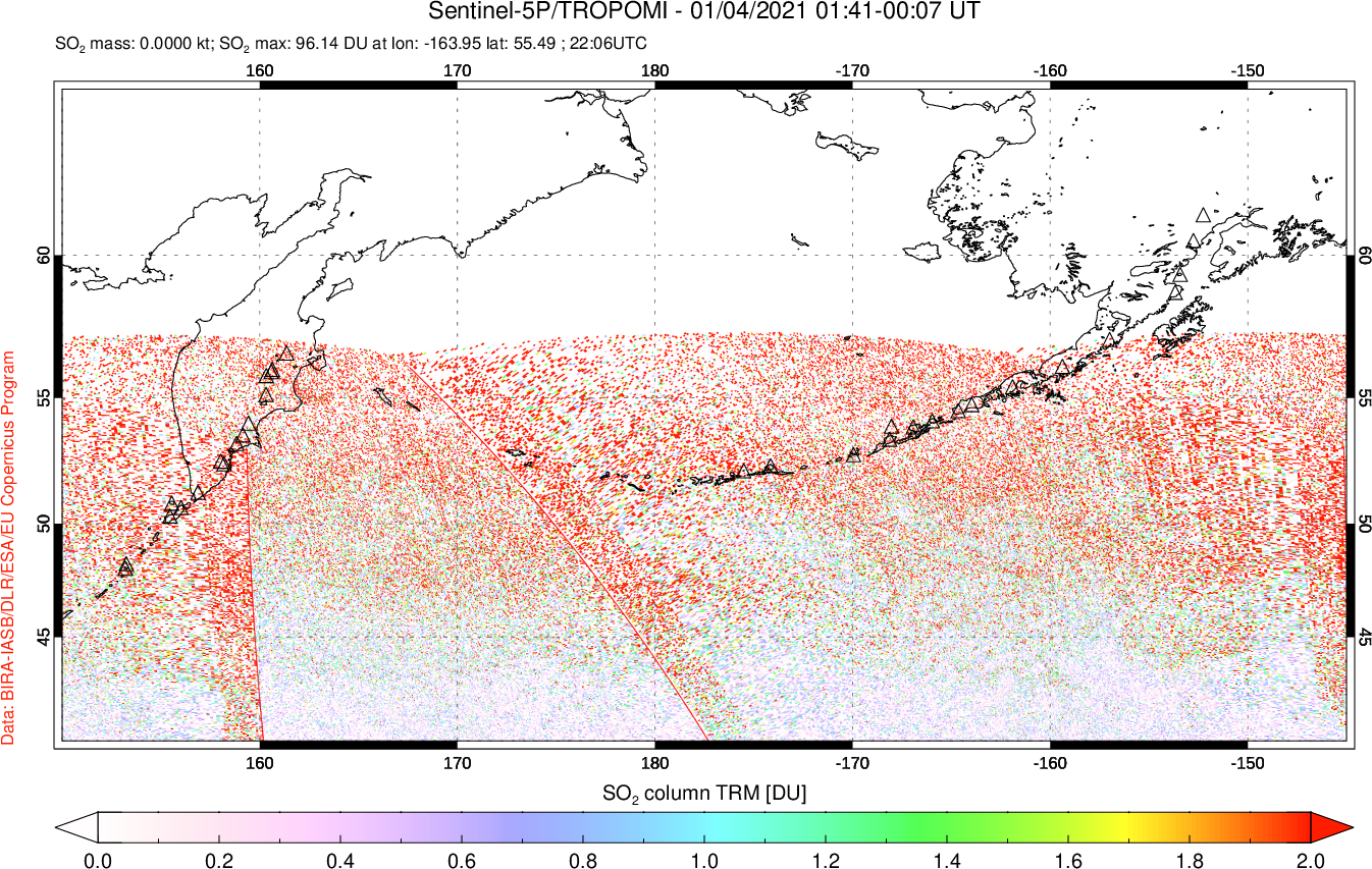 A sulfur dioxide image over North Pacific on Jan 04, 2021.