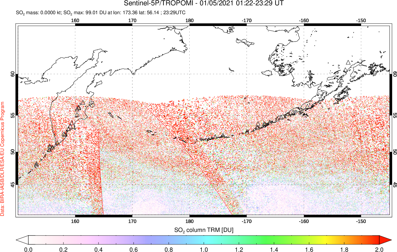 A sulfur dioxide image over North Pacific on Jan 05, 2021.