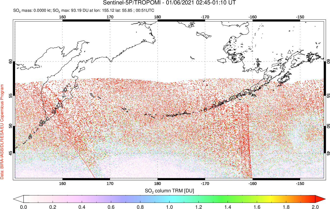 A sulfur dioxide image over North Pacific on Jan 06, 2021.