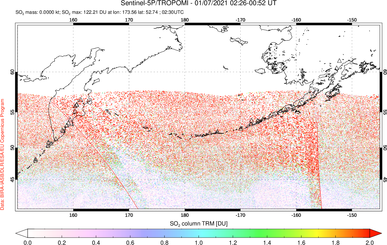 A sulfur dioxide image over North Pacific on Jan 07, 2021.