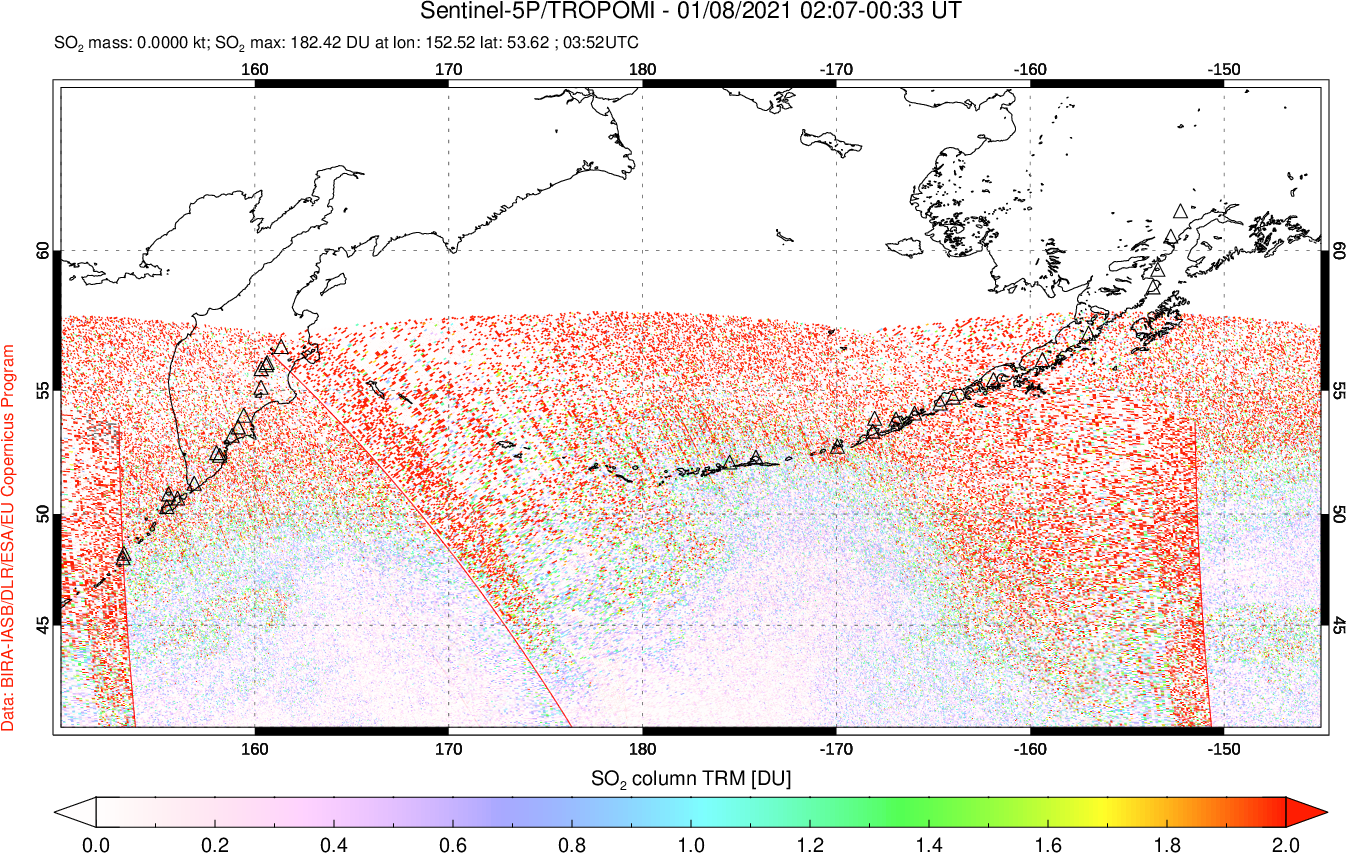 A sulfur dioxide image over North Pacific on Jan 08, 2021.