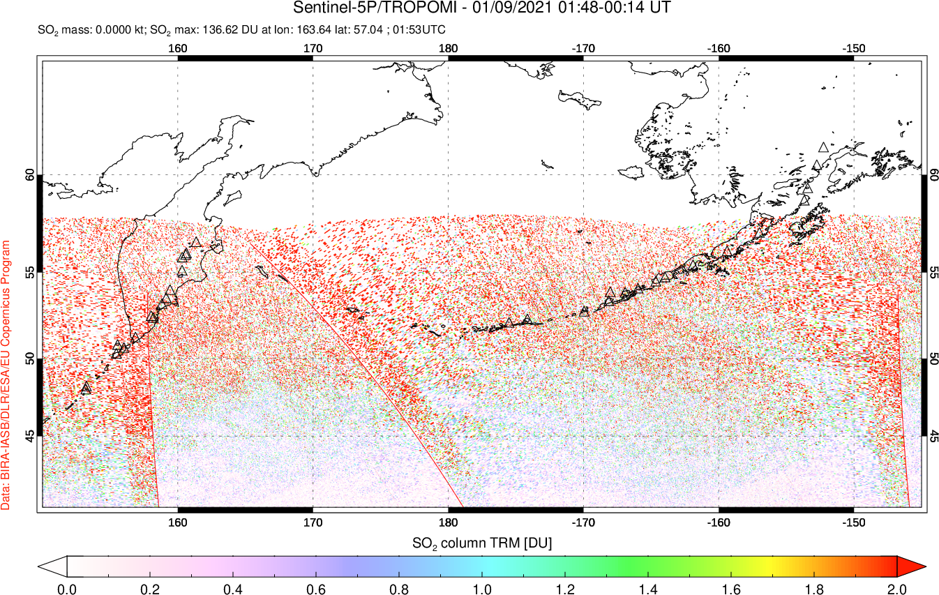 A sulfur dioxide image over North Pacific on Jan 09, 2021.