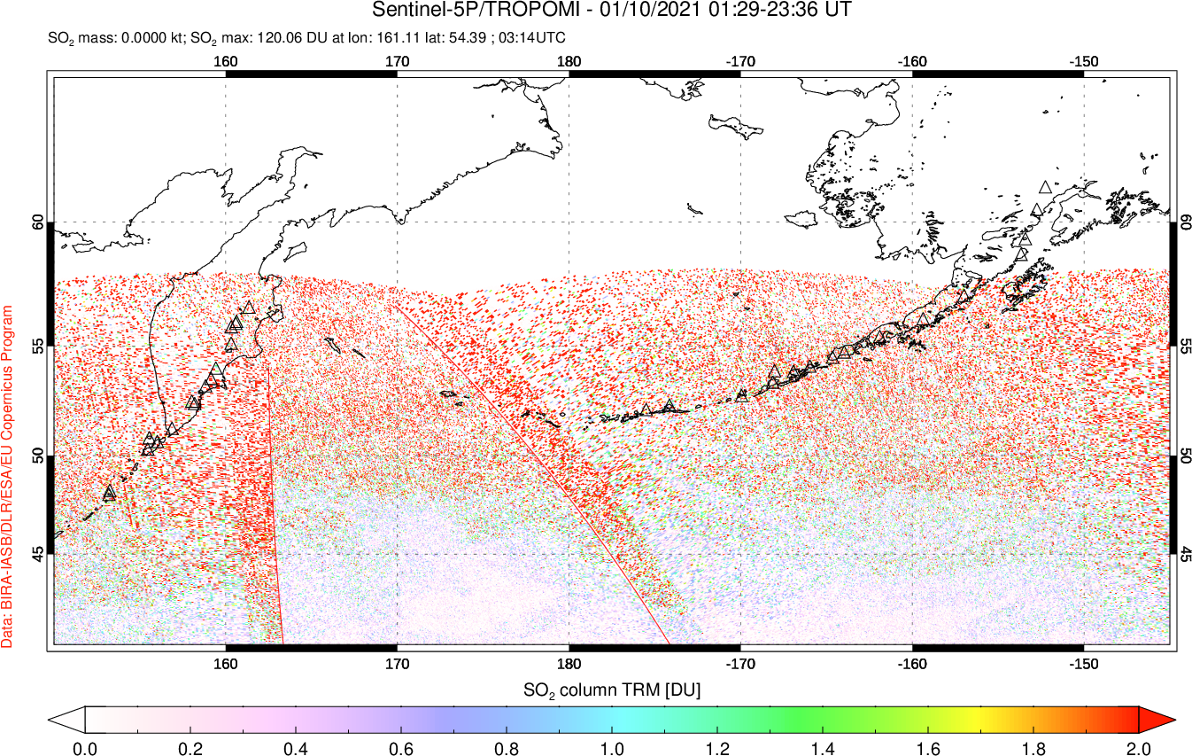 A sulfur dioxide image over North Pacific on Jan 10, 2021.