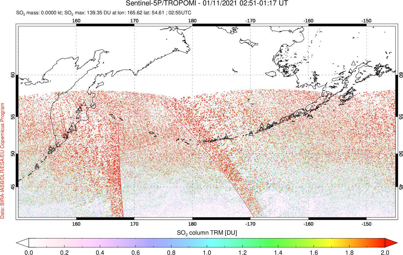 A sulfur dioxide image over North Pacific on Jan 11, 2021.