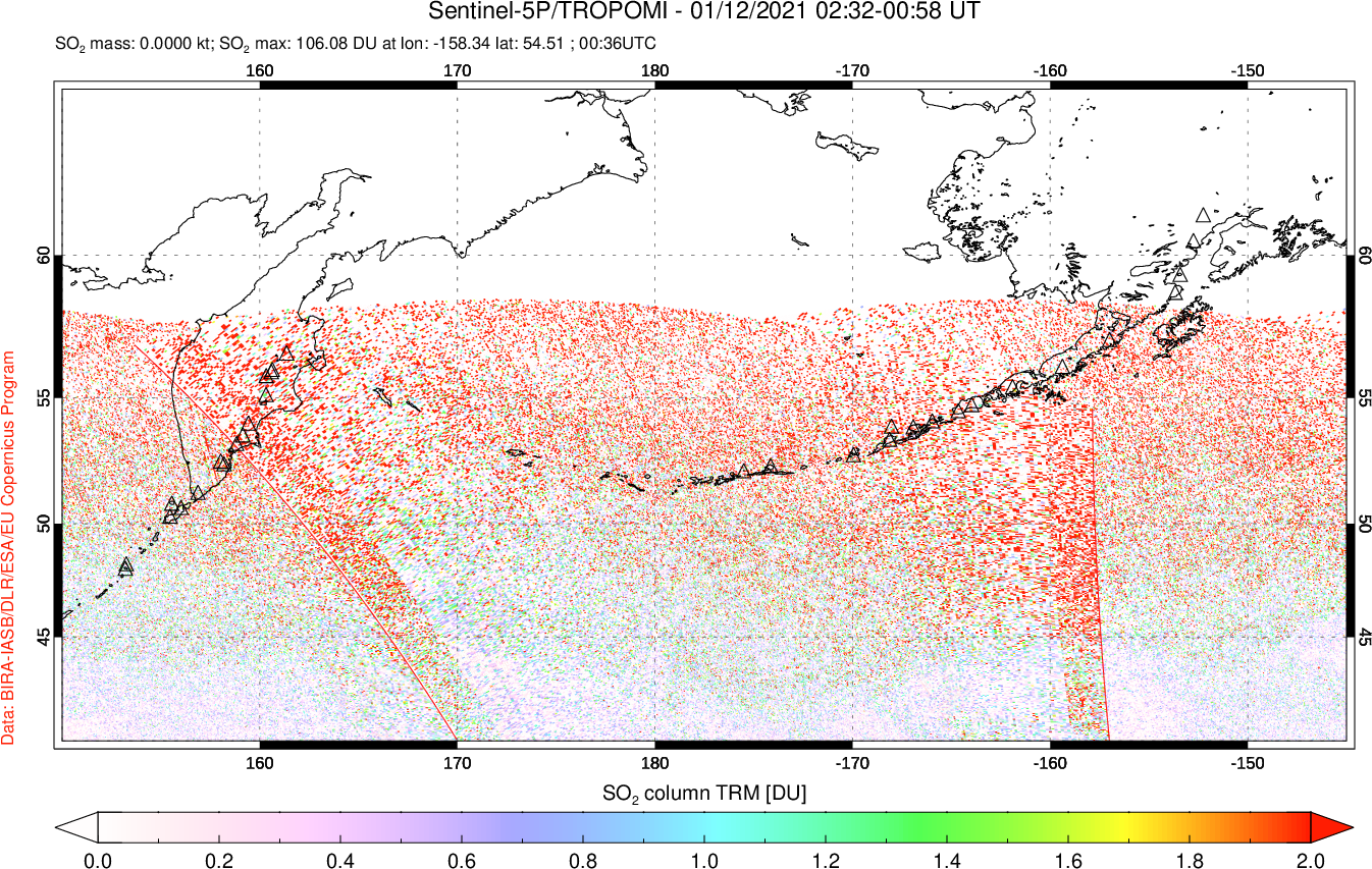 A sulfur dioxide image over North Pacific on Jan 12, 2021.