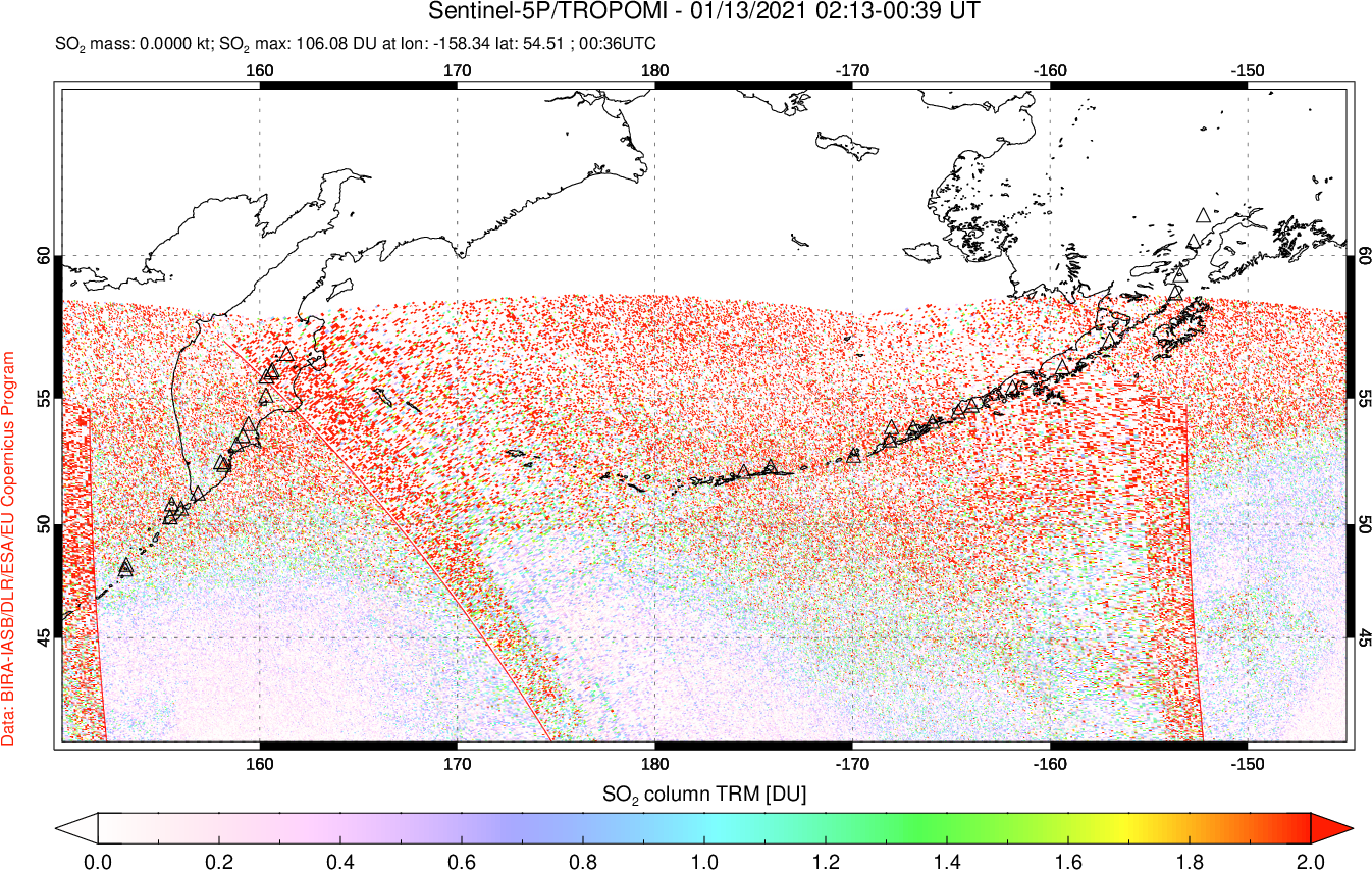 A sulfur dioxide image over North Pacific on Jan 13, 2021.