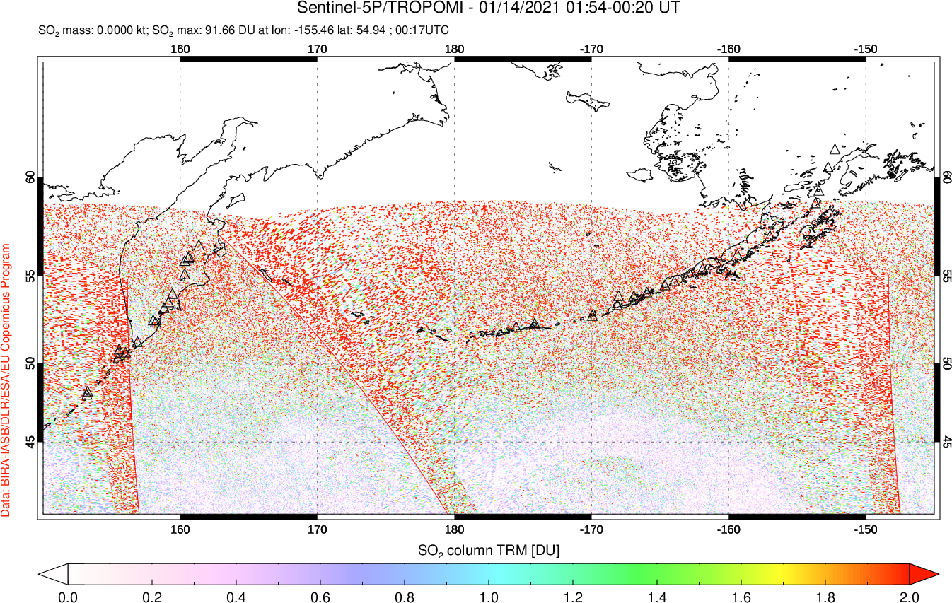 A sulfur dioxide image over North Pacific on Jan 14, 2021.