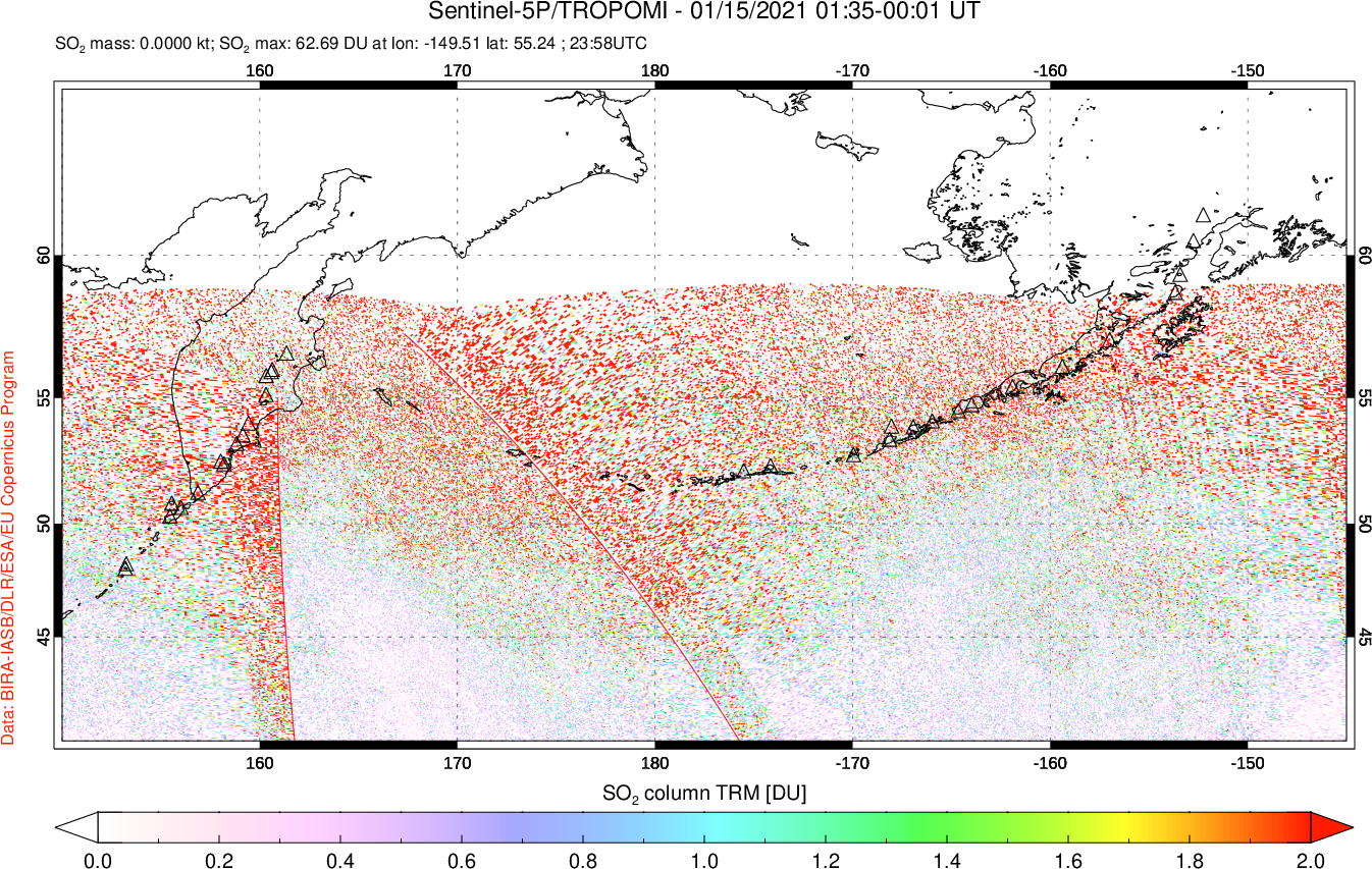 A sulfur dioxide image over North Pacific on Jan 15, 2021.