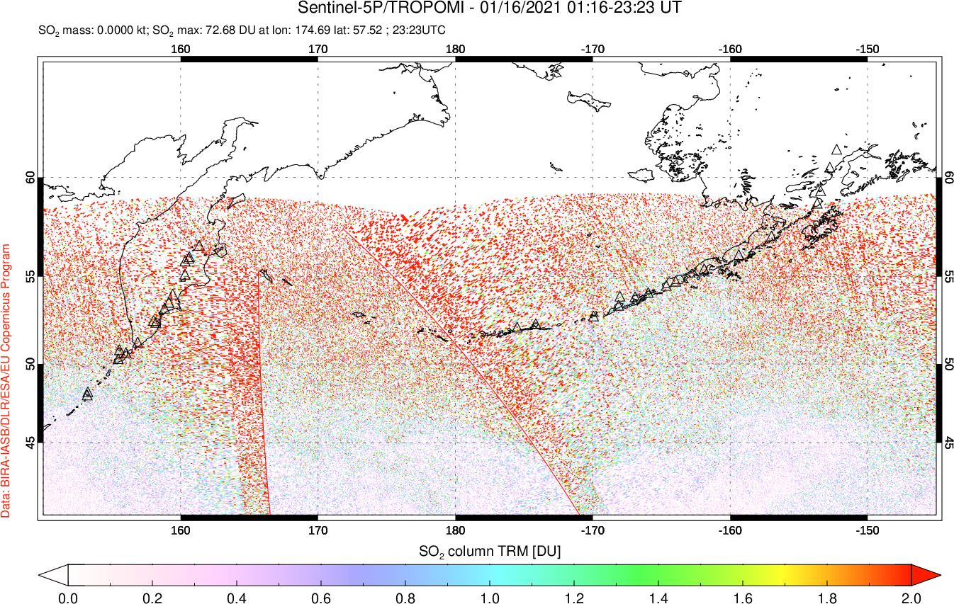 A sulfur dioxide image over North Pacific on Jan 16, 2021.