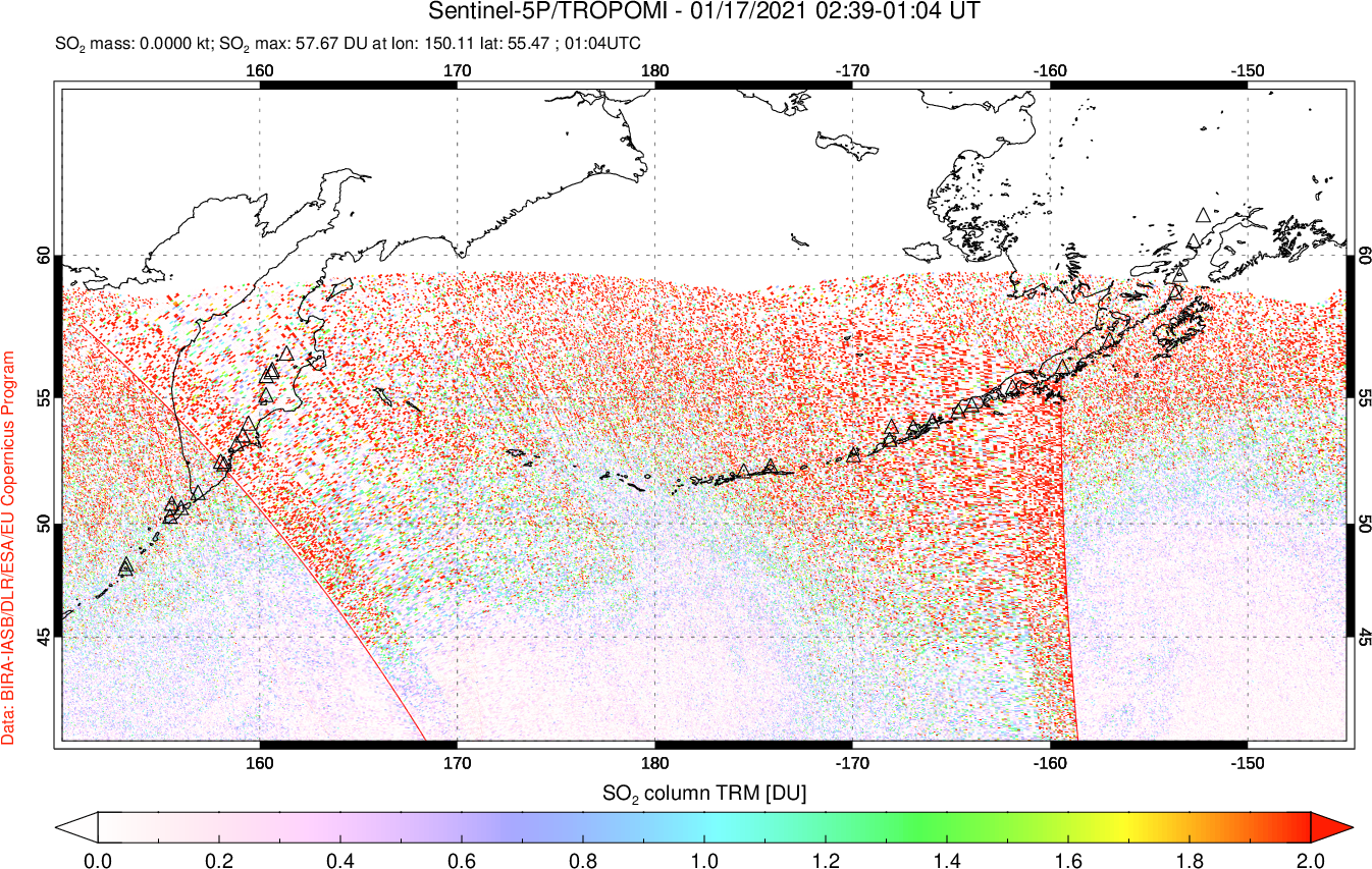 A sulfur dioxide image over North Pacific on Jan 17, 2021.