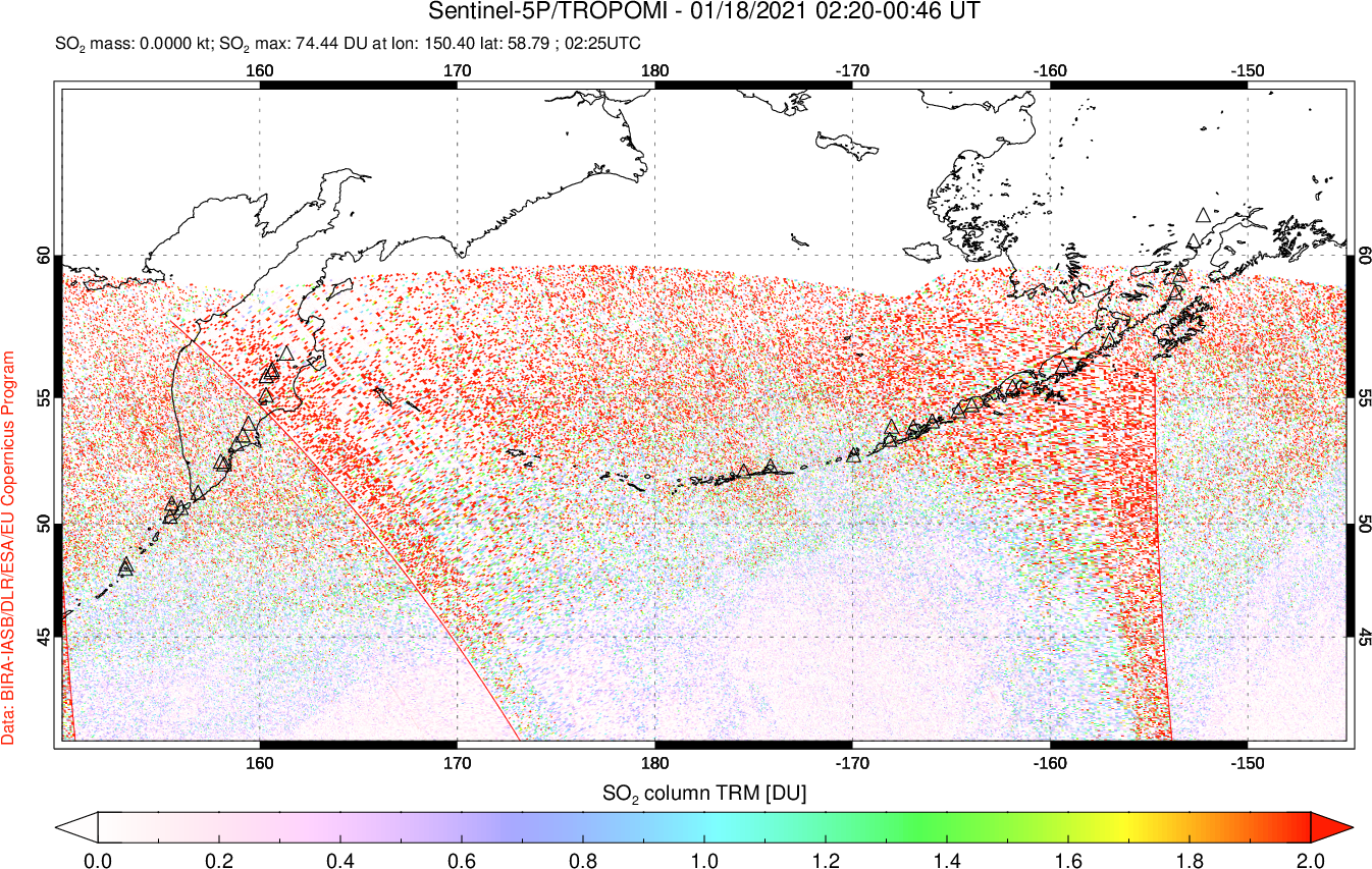 A sulfur dioxide image over North Pacific on Jan 18, 2021.
