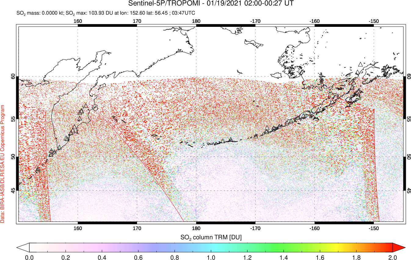 A sulfur dioxide image over North Pacific on Jan 19, 2021.