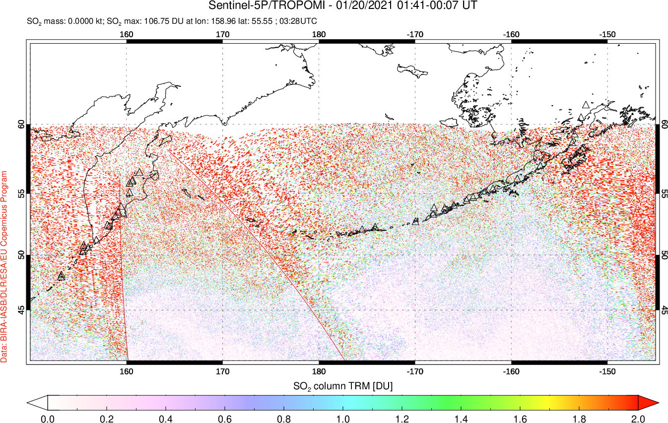 A sulfur dioxide image over North Pacific on Jan 20, 2021.