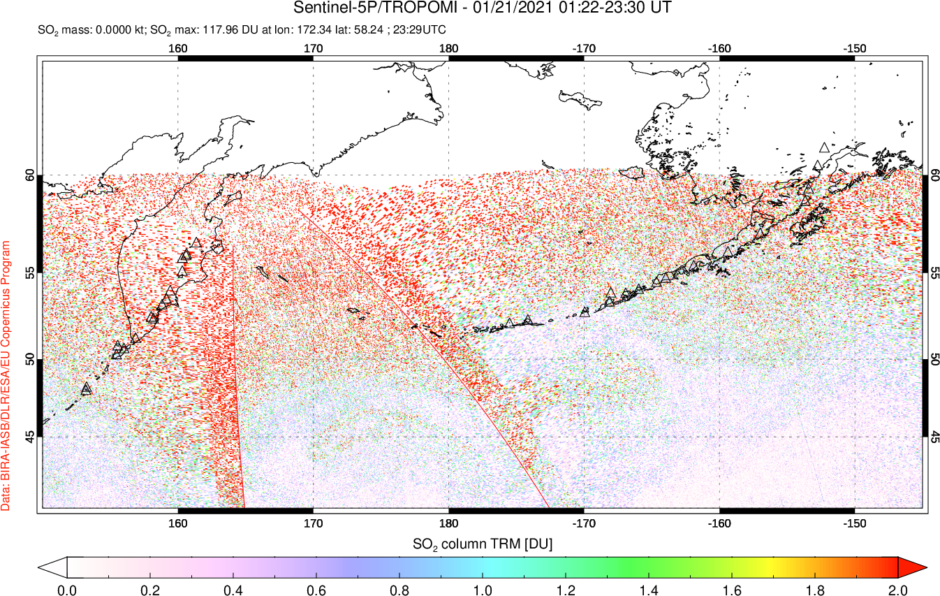A sulfur dioxide image over North Pacific on Jan 21, 2021.