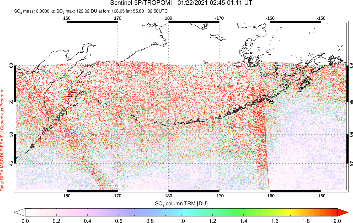 A sulfur dioxide image over North Pacific on Jan 22, 2021.