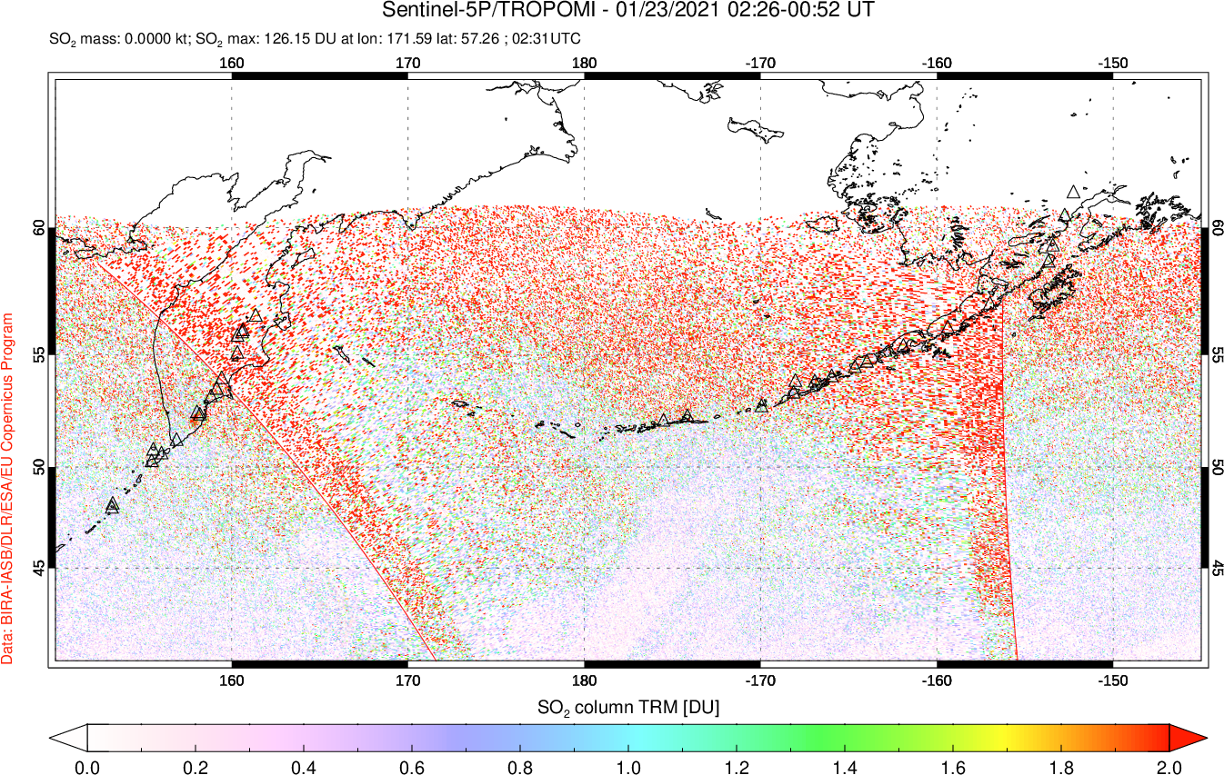 A sulfur dioxide image over North Pacific on Jan 23, 2021.