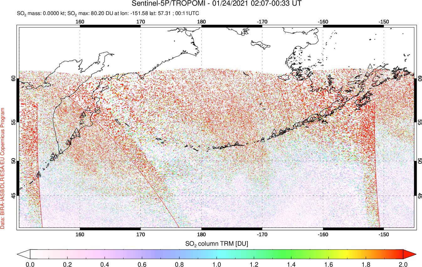 A sulfur dioxide image over North Pacific on Jan 24, 2021.