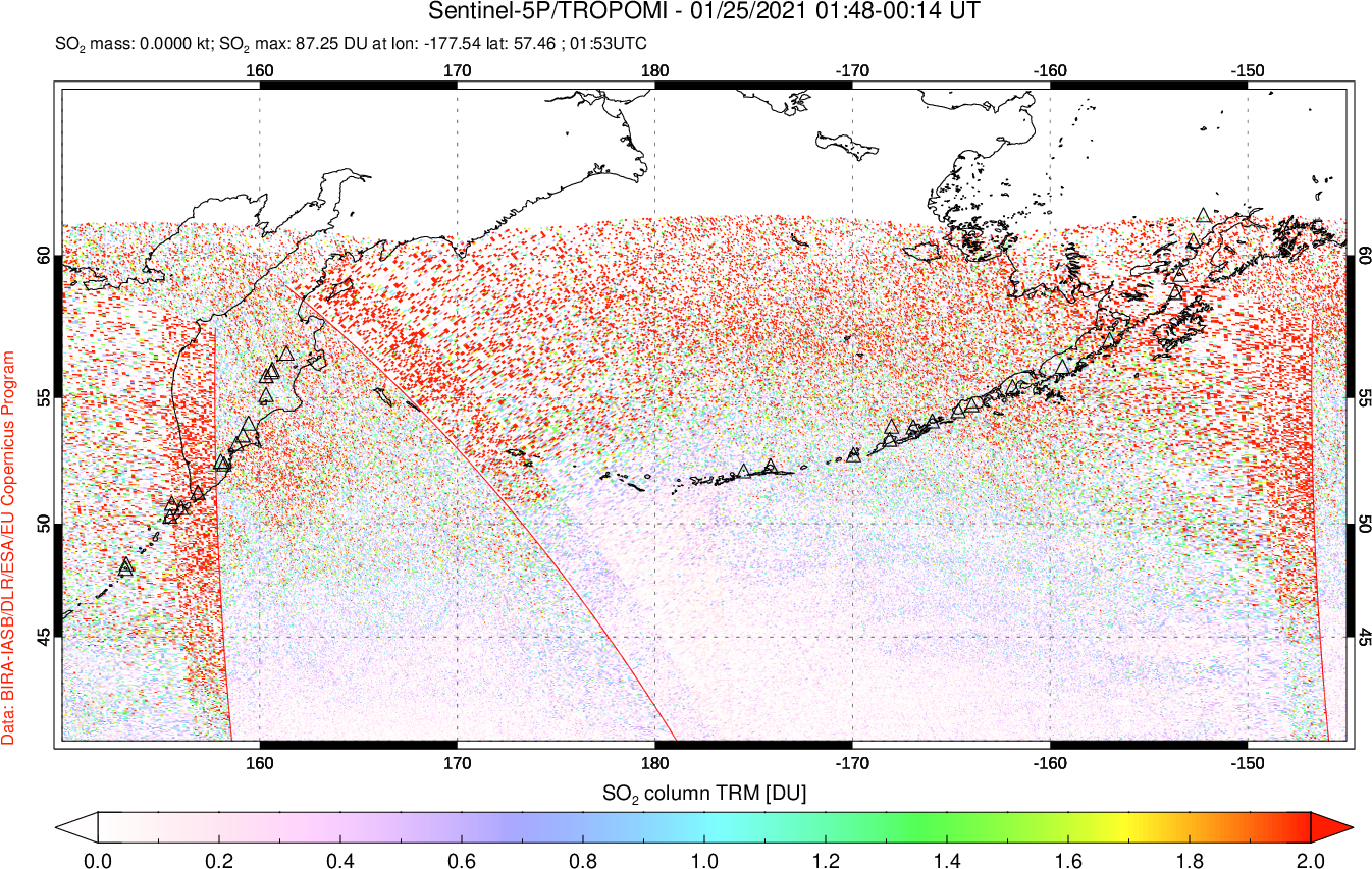 A sulfur dioxide image over North Pacific on Jan 25, 2021.
