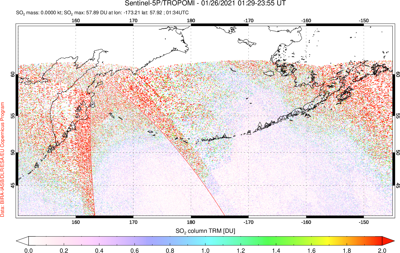 A sulfur dioxide image over North Pacific on Jan 26, 2021.