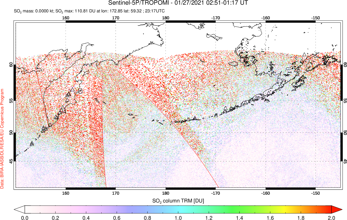 A sulfur dioxide image over North Pacific on Jan 27, 2021.