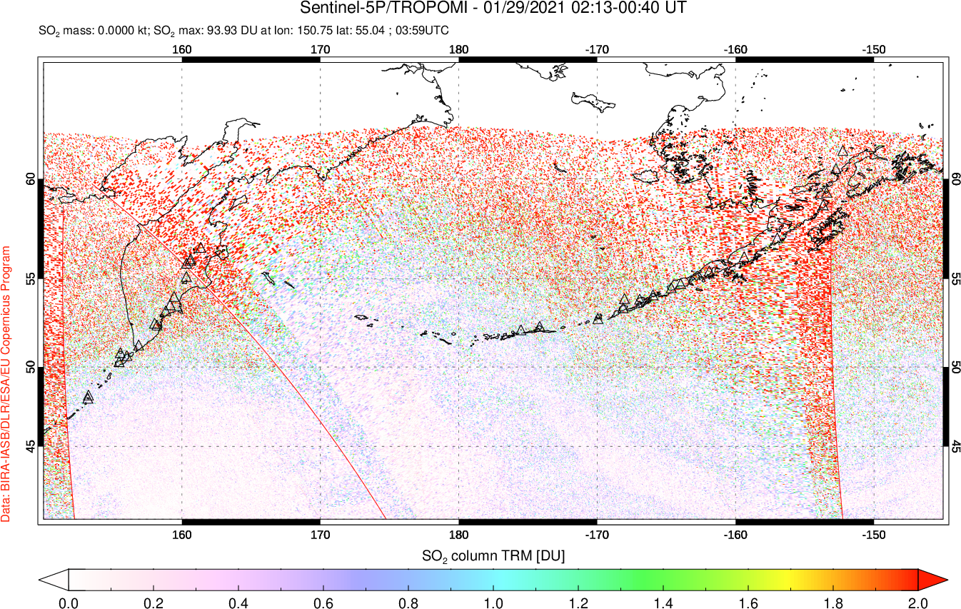 A sulfur dioxide image over North Pacific on Jan 29, 2021.