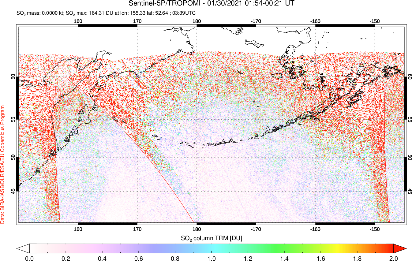 A sulfur dioxide image over North Pacific on Jan 30, 2021.