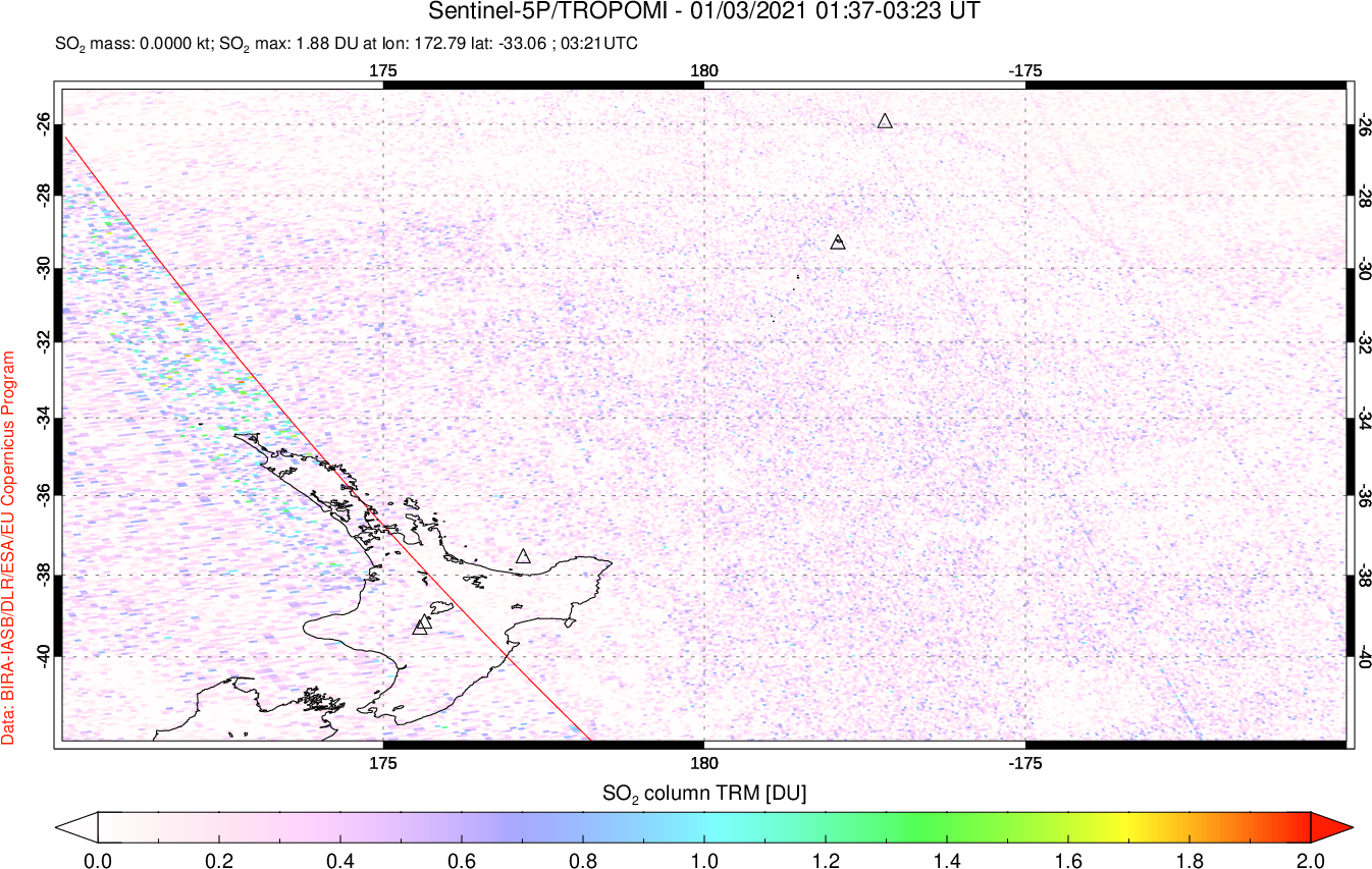 A sulfur dioxide image over New Zealand on Jan 03, 2021.