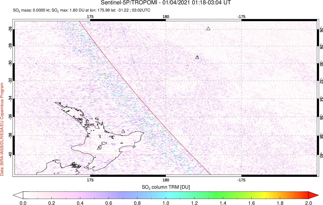 A sulfur dioxide image over New Zealand on Jan 04, 2021.