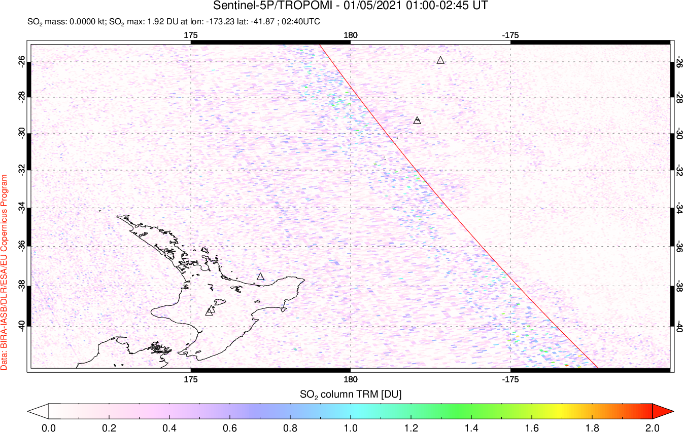 A sulfur dioxide image over New Zealand on Jan 05, 2021.