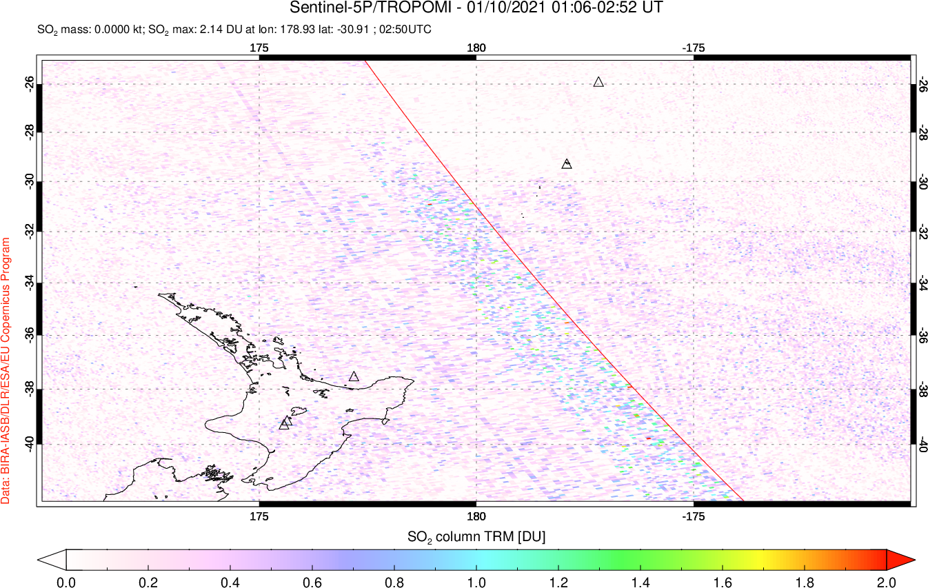 A sulfur dioxide image over New Zealand on Jan 10, 2021.