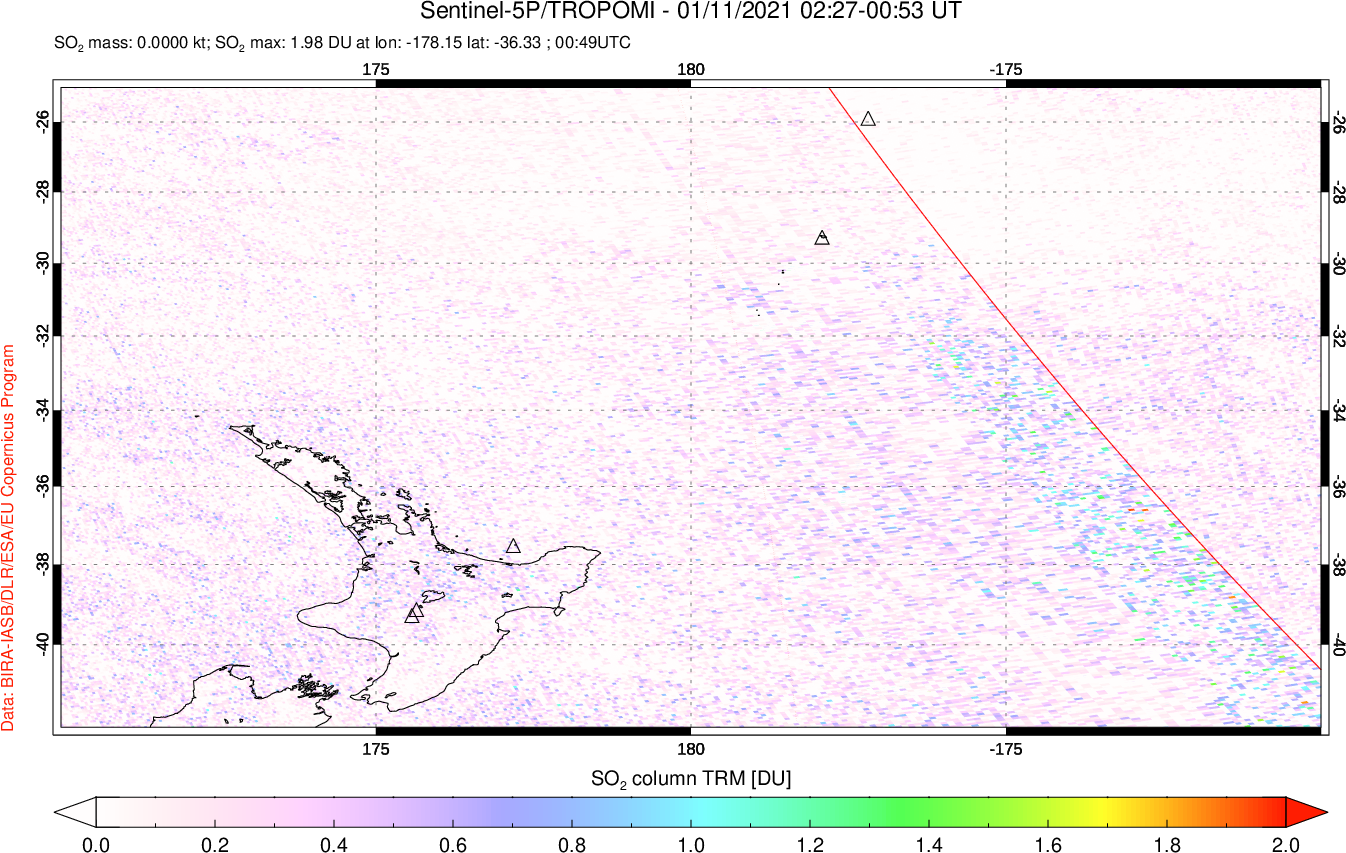 A sulfur dioxide image over New Zealand on Jan 11, 2021.