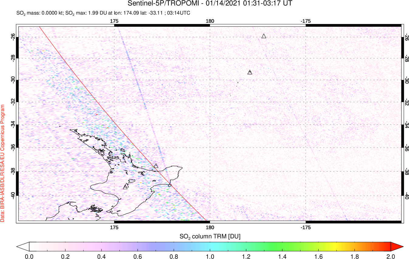 A sulfur dioxide image over New Zealand on Jan 14, 2021.