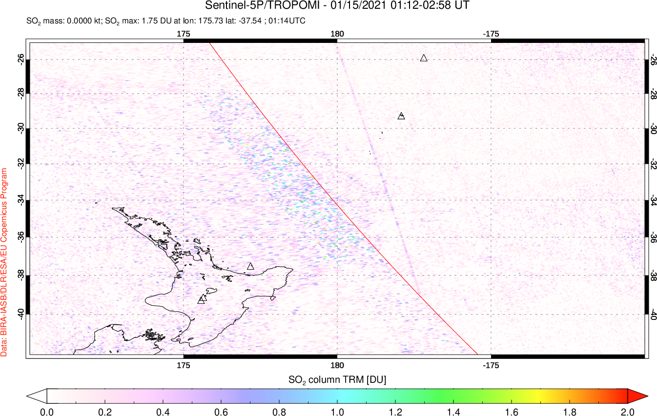 A sulfur dioxide image over New Zealand on Jan 15, 2021.