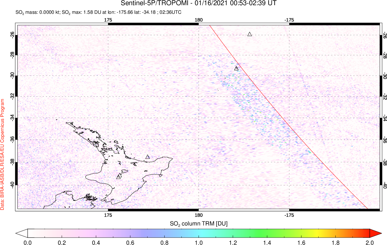 A sulfur dioxide image over New Zealand on Jan 16, 2021.