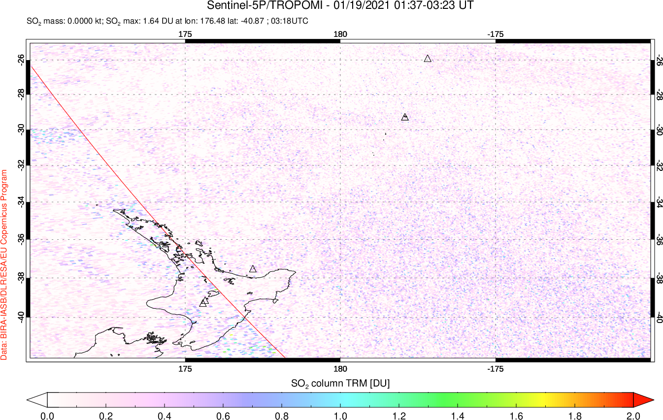 A sulfur dioxide image over New Zealand on Jan 19, 2021.