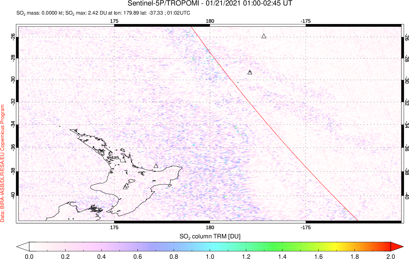 A sulfur dioxide image over New Zealand on Jan 21, 2021.